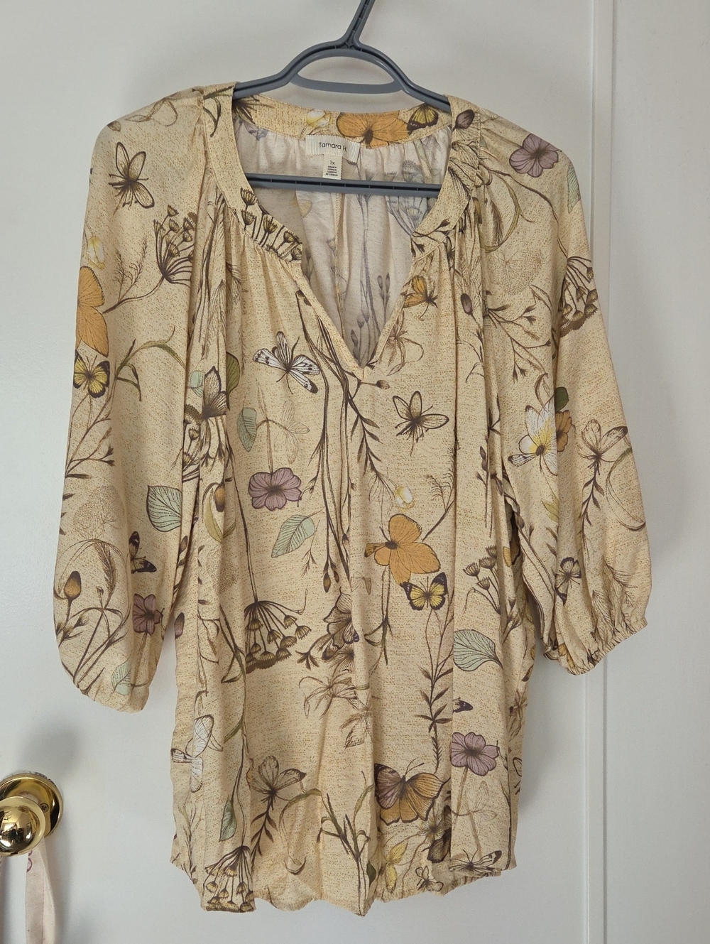 Beige Floral Peasant Blouse